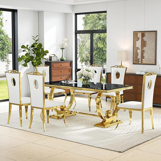 7-Piece Modern Luxury Dining Table Set, 70" Black Tempered Glass Kitchen Table with Gold Polished Stainless Steel U-Shaped Pedestal Base and 6 White Hollow-Out Design Chairs for Dining Room, Office