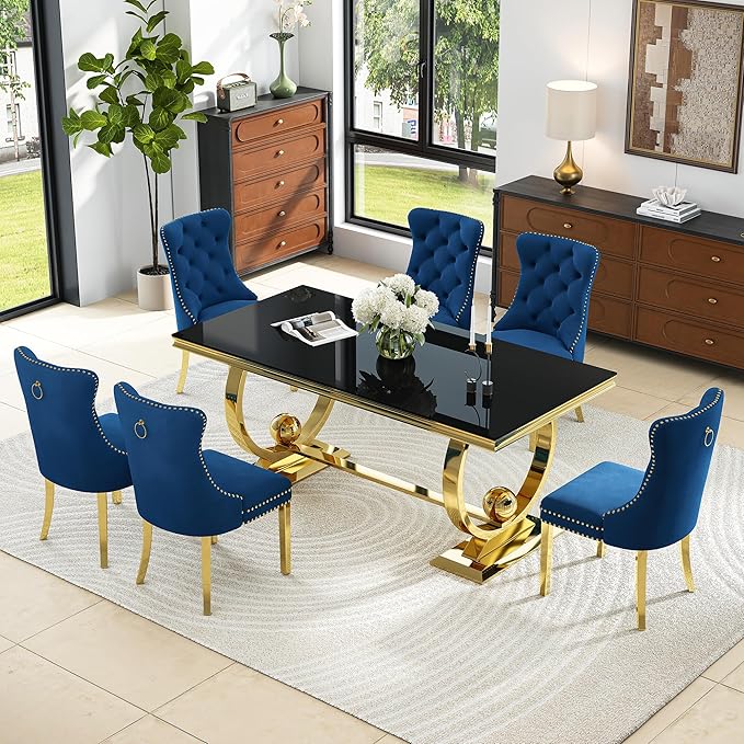 7-Piece Modern Luxury Dining Table Set, 70" Black Tempered Glass Dining Table with Gold Polished Stainless Steel U-Shaped Pedestal Base, 6 Blue Velvet Upholstered Chairs, for Dining Room, Office