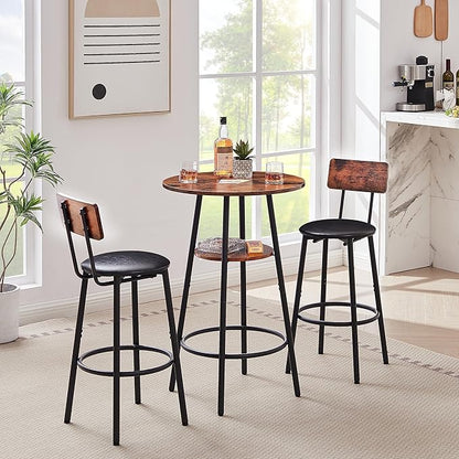 Bar Table Set for 2 with 2 PU Upholstered Stools, Pub Bistro Dinning Table and Stools with Backrest, Counter Height Bar Table Set for Apartment, Kitchen, Small Space