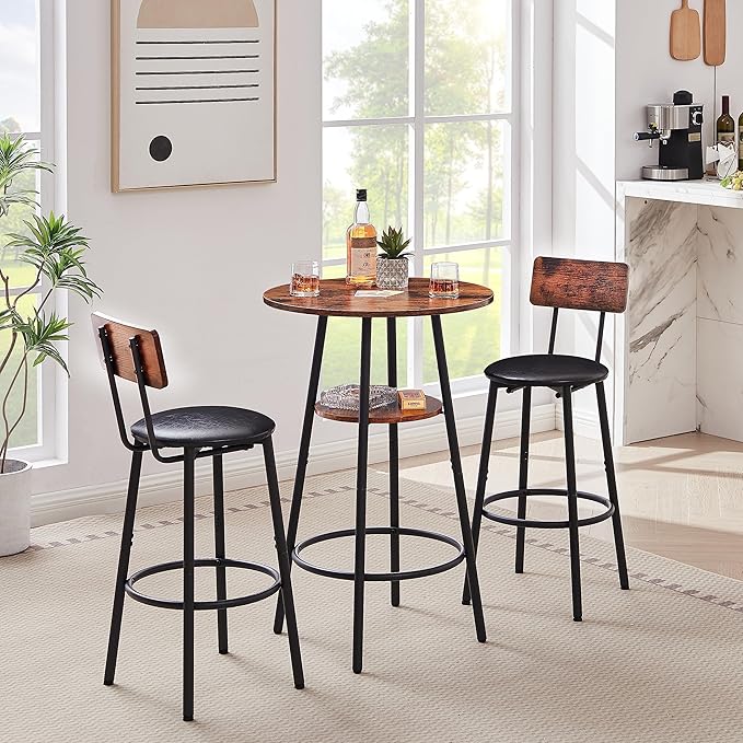Round Bar Stool Table Set with Storage Shelf, Rustic Brown Upholstered Stools with Backrest, Comfortable PU Padded Seat, Bar Table and Chairs Set of 2 with Strong Iron Frame Supports 350 lbs