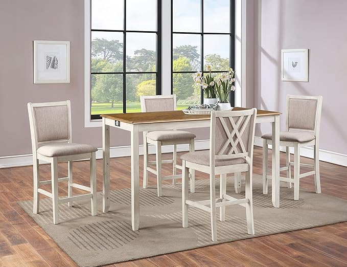 New Classic Furniture Amy Farmhouse Kitchen Counter Island Dining Table for 4 with Storage Shelf & USB Chargers, 60-Inch, Two Tone Vintage White/Brown