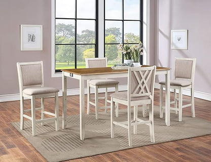 New Classic Furniture Amy Farmhouse Kitchen Counter Island Dining Table for 4 with Storage Shelf & USB Chargers, 60-Inch, Two Tone Vintage White/Brown