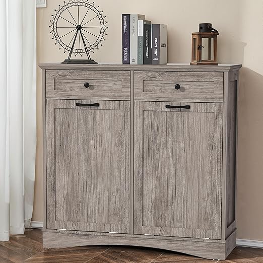 Double Tilt Out Trash Cabinet Freestanding Wooden Garbage Can Cabinet with Hideaway Drawers, 2x13 Gallons Pet Proof Garbage Can Holder for Kitchen Living Room, Grey