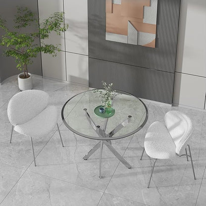 Glass Dining Table,36'' Round Dining Kitchen Table,Modern X-Design Dining Room Table with Silver Stainless Steel Base for Dining Room