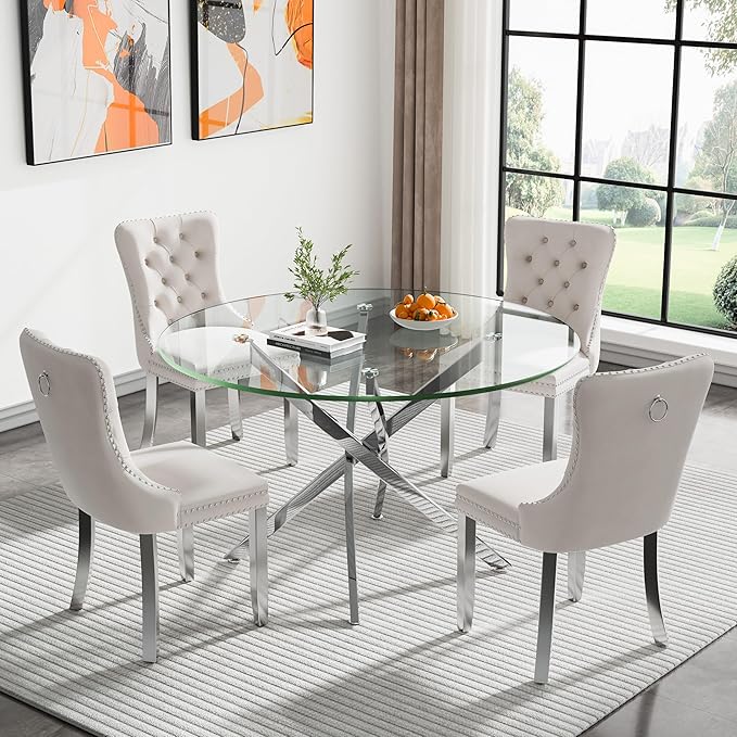 Modern Glass Dining Table Round Dining Room Table with Tempered Glass Top, Silver Metal Legs Circle Kitchen Dining Room Table for 4-6 People, 47" D x 47" W x 30" H
