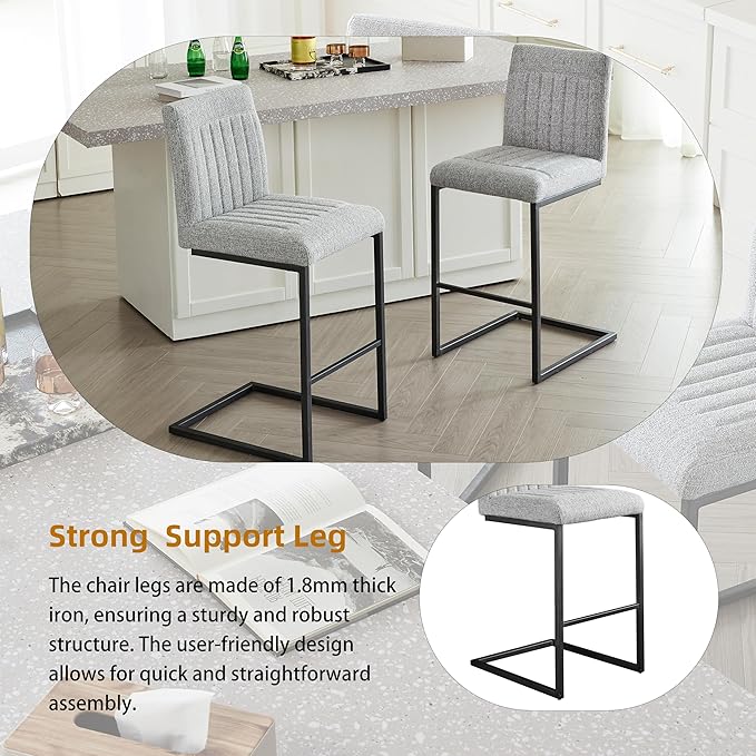 26" Counter Height Bar Stools Set of 2, Modern Upholstered Chairs with Vertical Tufted Backrest & Footrest, Metal Frame for Kitchen Island, Home Bar (Light Gray Knitted)