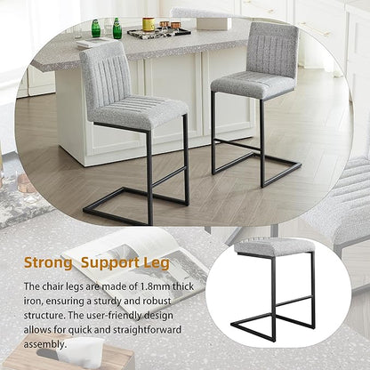 26" Counter Height Bar Stools Set of 2, Modern Upholstered Chairs with Vertical Tufted Backrest & Footrest, Metal Frame for Kitchen Island, Home Bar (Light Gray Knitted)