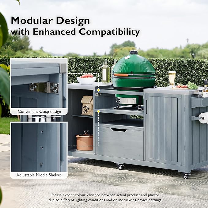 YOPTO Versatile 66.5" Outdoor Grill Cart for Big Green Egg,100% Fir Wood,Stainless Steel Top,Ample Storage,Weatherproof,6 Lockable Wheels,Grey Blue