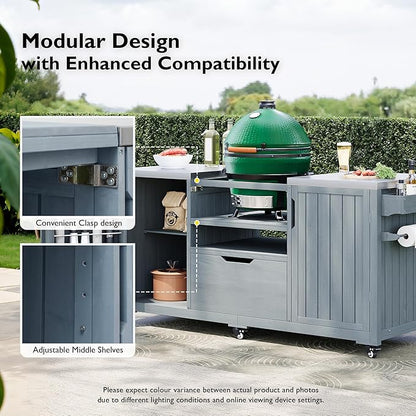 YOPTO Versatile 66.5" Outdoor Grill Cart for Big Green Egg,100% Fir Wood,Stainless Steel Top,Ample Storage,Weatherproof,6 Lockable Wheels,Grey Blue