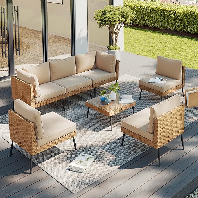 Aoxun Patio Furniture Set, 7 Piece Outdoor Sectional Sofas with Thick Cushion, Wicker Outdoor Patio Furniture Set with Coffee Table for Party, Garden, Backyard, Beige