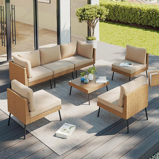 Aoxun Patio Furniture Set, 7 Piece Outdoor Sectional Sofas with Thick Cushion, Wicker Outdoor Patio Furniture Set with Coffee Table for Party, Garden, Backyard, Beige