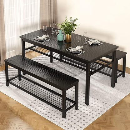 AWQM 43.3" Dining Table Set for 4, Kitchen Dining Table with 2 Benches, Dining Room Table Set with Metal Frame & Storage Rack for Kitchen, Restaurant, Black