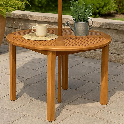 Sunnydaze Outdoor Patio Table with Umbrella Hole for Shade – 42-Inch Round Wood Dining Table for Backyard Gatherings, Outdoor Meals & Comfortable Patio Dining - Teak Oil Finish