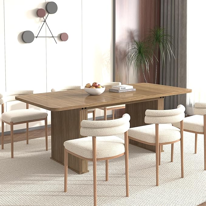 79" Extendable Island Table, Rustic Dining Table with Wooden Build & Vertical Stripes, Farmhouse Dining Table with Double Robust Pedestal for Family Gatherings, Beige Brown