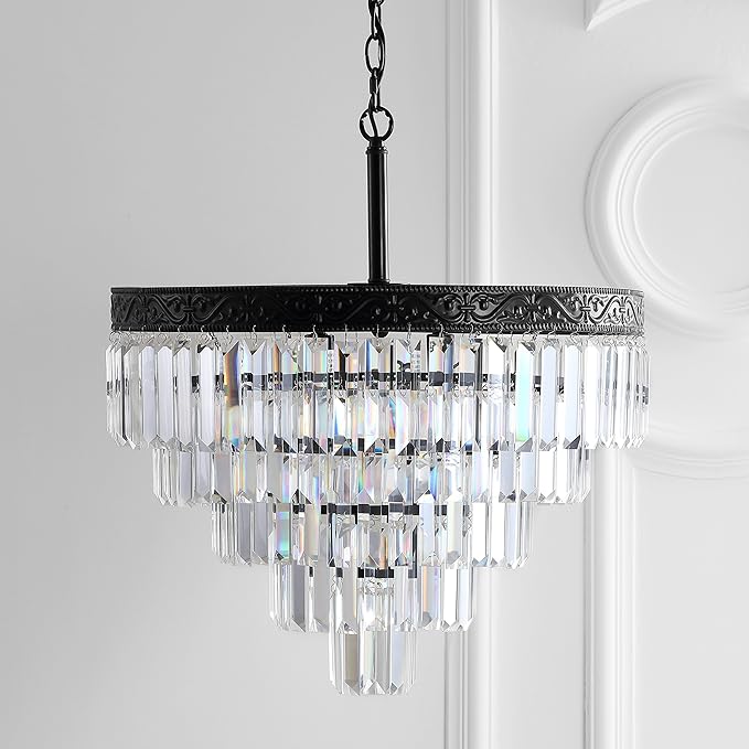 JONATHAN Y 20" Bronze/Clear 4-Light LED Chandelier, Modern Tiered Pendant Light Fixture for Dining Room, Bedroom, Entryway with Clear Faceted Crystal Shade (JYL9007B)