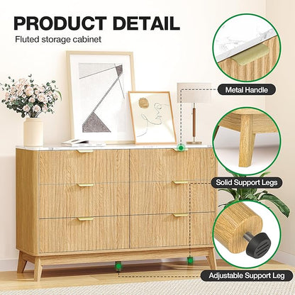 Pamapic 47" Sideboard Buffet Cabinet with Storage, Fluted Storage Cabinet with 6 Drawers, Modern Credenza with Faux Marble Top, Wood Buffet Console Table for Living Room, Hallway, Natural