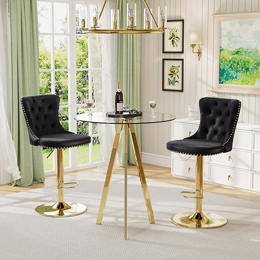 Small Round Glass Bar Height Table and Chairs Set for 2, Pub Table with Farmhouse Adjustable Velvet Bar Stools Island Chairs, Gold Dinner Table Set (Gold Metal Legs, Clear Top + Black Chair)