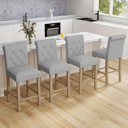 LSSBOUGHT 24" Bar Stools Set of 4 for Kitchen Island Upholstered Counter Height Bar Stools with Button Tufted Decoration Barstools Home Kitchen Island Wooden Bar Chairs, Beige