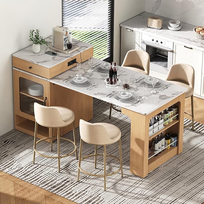Polibi 59.5" Kitchen Island with Extendable Dining Table, 2 Drawers, Power Outlet (USB/C), Double-Sided Storage & Side Open Shelves,Kitchen Storage Table for Dining Room,Natural