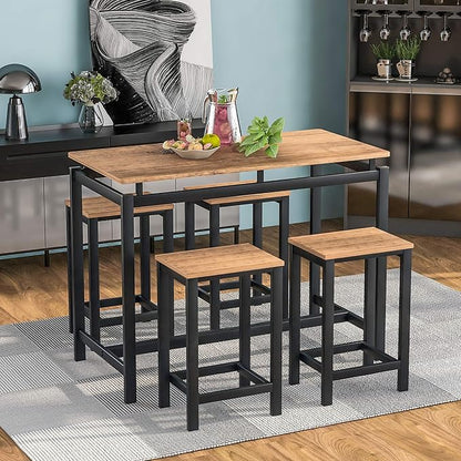 Solid Wood 4-Piece Kitchen DIng Table Set, Counter Height Bar Table Set with 3 Stools and Storage Shelves, Perfect for Home, Kitchen, Living Room (Brown-1)