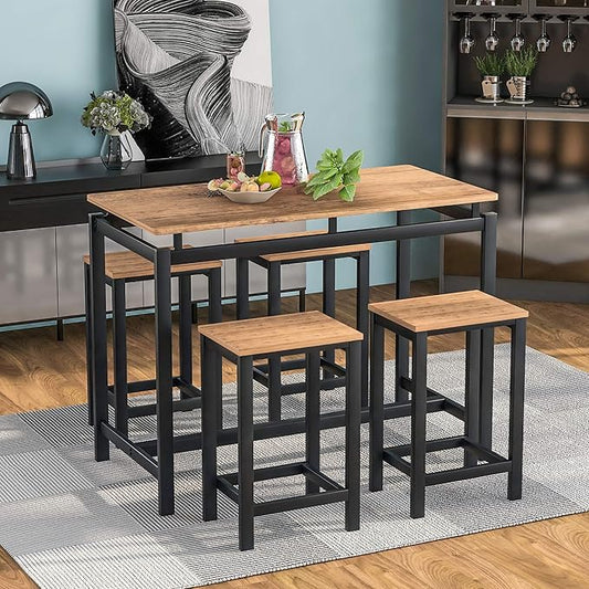 Solid Wood 4-Piece Kitchen DIng Table Set, Counter Height Bar Table Set with 3 Stools and Storage Shelves, Perfect for Home, Kitchen, Living Room (Brown-1)