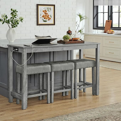 LKTART Kitchen Bar Table and Chairs Set, 4 Piece Bar Height Dining Table Set with Power Outlet and 3 Upholstered Stools Industrial Breakfast Nook, Small Space Living Room, Gray