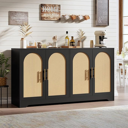 GarveeHome 59” Sideboard Buffet Cabinet - Large Credenza Storage with 4 Rattan Doors, Modern Console Table Accent Coffee Bar Cabinet for Living Room, Kitchen, Hallway, Dining Room, Entryway, Black