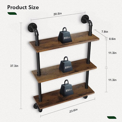 Merapi 24" Industrial Floating Shelves, Pipe Shelves for Wall, 3 Tier Rustic Wood Wall Shelves for Home Décor, Bedroom, Living Room, Bathroom…