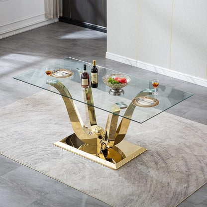 70" Glass Dining Table for 6-8, Modern Dining Room Table with 0.39" Tempered Glass Top and Dual U-Shaped Gold Stainless Steel Base, Rectangle Kitchen Dinner Table for Dining Room