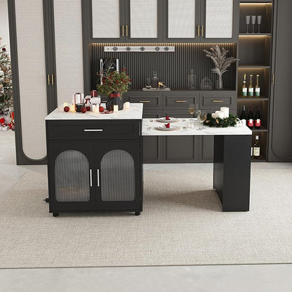 80-inch Expandable Kitchen Island with Dining Table, Marble-Grain Countertop with Power Outlet, Mobile Storage Cart with Cabinet & 2 Drawers, Kitchen Prep Table(Black, 80.7)