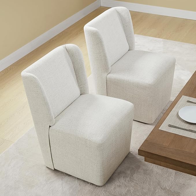 KISLOT Upholstered Dining Chairs Set of 1 with Casters, Wingback Modern Side Armless Deskchair with Rollers for Diningroom Bedroom Livingroom Reading Room, Linen Fabric
