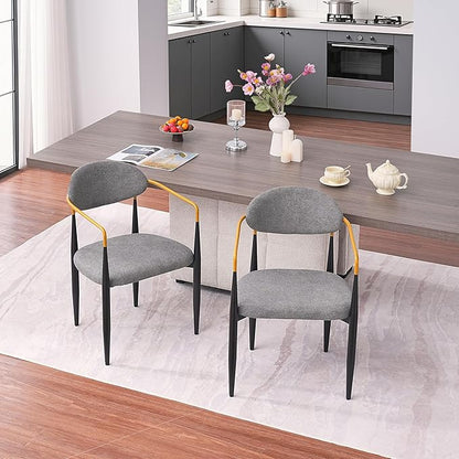 Modern Upholstered Accent Chair Set of 2 with Gold Accented Armrests, Ergonomic Barrel Back, Padded Fabric Seat, Metal Frame for Dining Room, Kitchen Island, Counter, Office (Grey,Dining Chair)