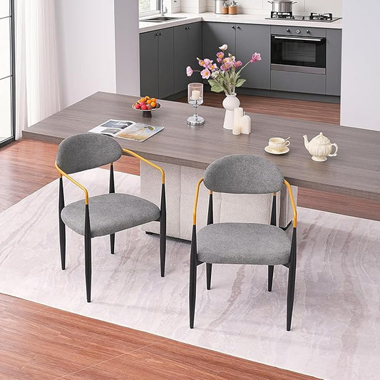 Modern Upholstered Accent Chair Set of 2 with Gold Accented Armrests, Ergonomic Barrel Back, Padded Fabric Seat, Metal Frame for Dining Room, Kitchen Island, Counter, Office (Grey,Dining Chair)