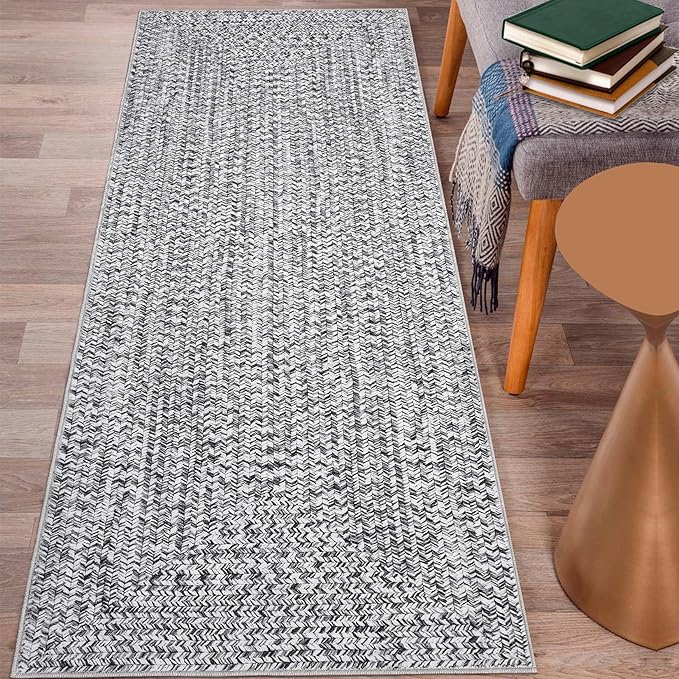 Printed Washable Runner Rugs 2x10 Rug for Living Room Bath Mat Modern Imitation Braided Bedroom Rug Non Slip Geometric Area Rug Kitchen Rugs Stain Resistant Carpet 2'x10' Light Grey