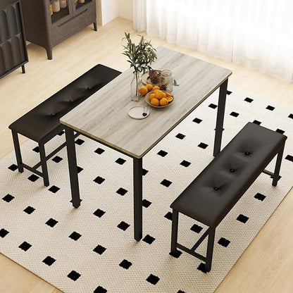 Dining Table Set for 4, Wood Kitchen Table & Chair with 2 Upholstered Benches for Breakfast Nook and Small Space, Grey