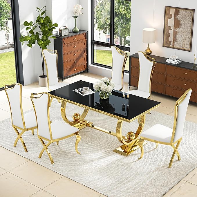 7-Piece Modern Luxury Dining Table Set, 70" Black Tempered Glass Dining Table with Gold Polished Stainless Steel U-Shaped Pedestal Base, 6 White PU Leather X-Leg Dining Chairs, for Dining Room