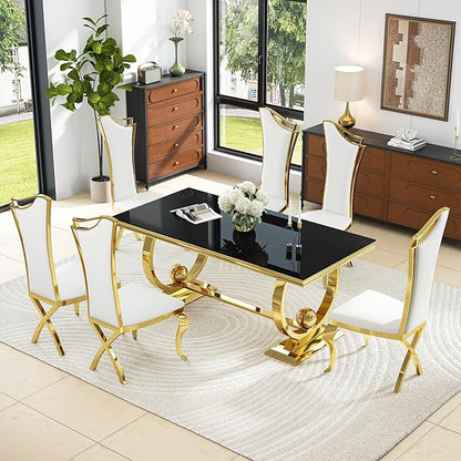 7-Piece Modern Luxury Dining Table Set, 70" Black Tempered Glass Dining Table with Gold Polished Stainless Steel U-Shaped Pedestal Base, 6 White PU Leather X-Leg Dining Chairs, for Dining Room