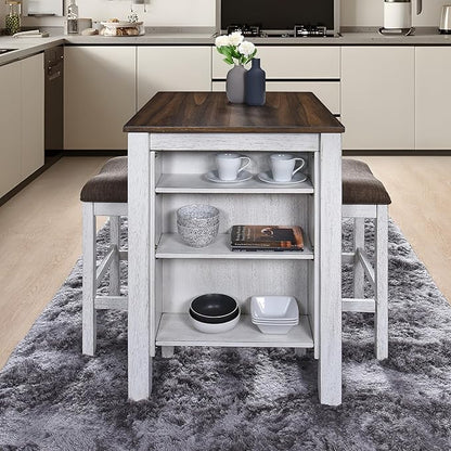 3-Piece Wooden Dining Table Set, Kitchen Island with Seating for 2, Kitchen Bar Table with Stools, Counter Height Dining Table Set, Antique Dark Oak & White, Farmhouse Style