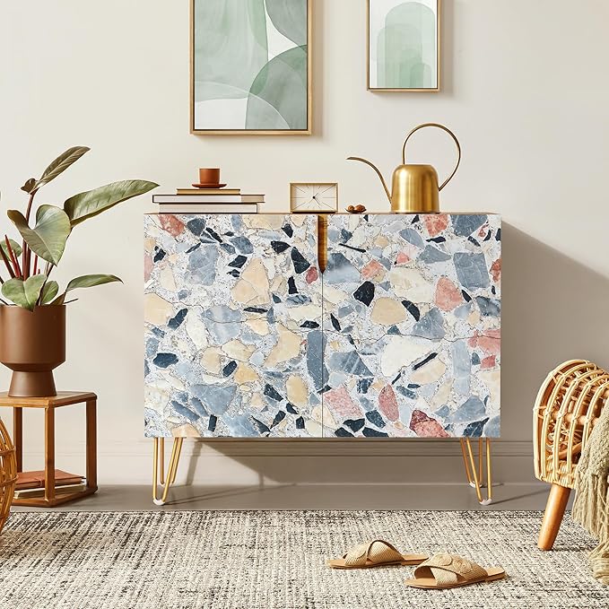 SIGNWIN Sideboard Buffet Cabinet, Kitchen Storage Cabinet with 2 Doors, Colorful Fractal Granite Pattern, Cupboard Console Table for Dining Room - 35" L x 18" W x 29" H