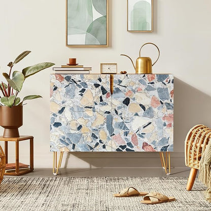 SIGNWIN Sideboard Buffet Cabinet, Kitchen Storage Cabinet with 2 Doors, Colorful Fractal Granite Pattern, Cupboard Console Table for Dining Room - 35" L x 18" W x 29" H