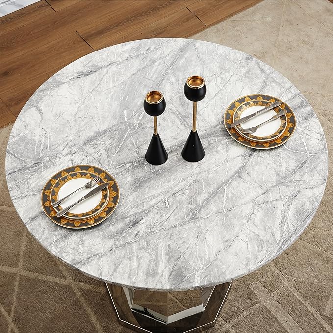 47" Round Marble Dining Table for 4-6, Luxury Modern Kitchen Table with Marble Grain MDF Tabletop & Silver Mirrored Stainless Steel Pedestal Base, Grey Stone Dinner Table for Dining Room (Table Only)