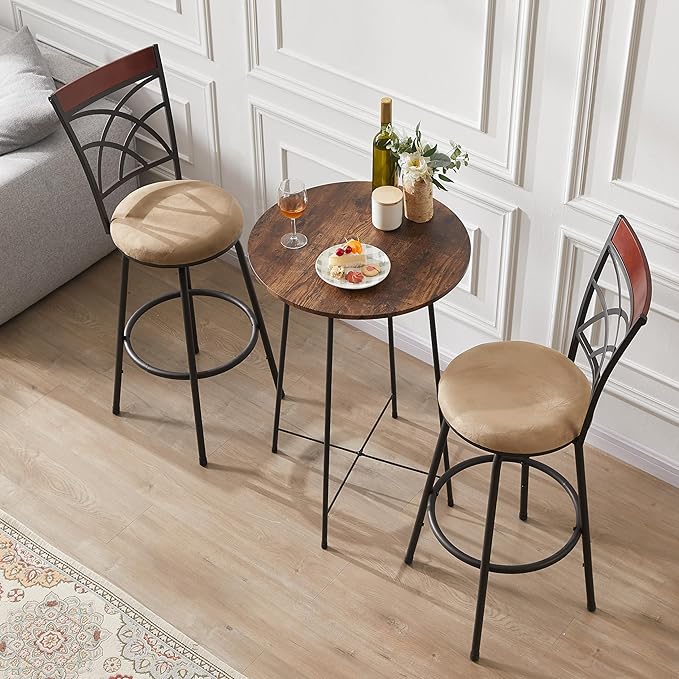 VECELO Bar Stools Set of 2, 24/29" Height Adjustable Barstool,Swivel Counter Stool with Upholstered Seat/Footrest/Back,Steel Bistro Pub Chairs, Island Chairs,Wood Top Backrest