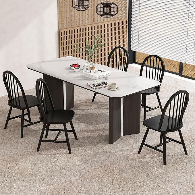 Safeplus 18" Oak Dining Chairs Set of 6, Wood Windsor Chair with Spindle Back for Country Farmhouse Kitchen Island