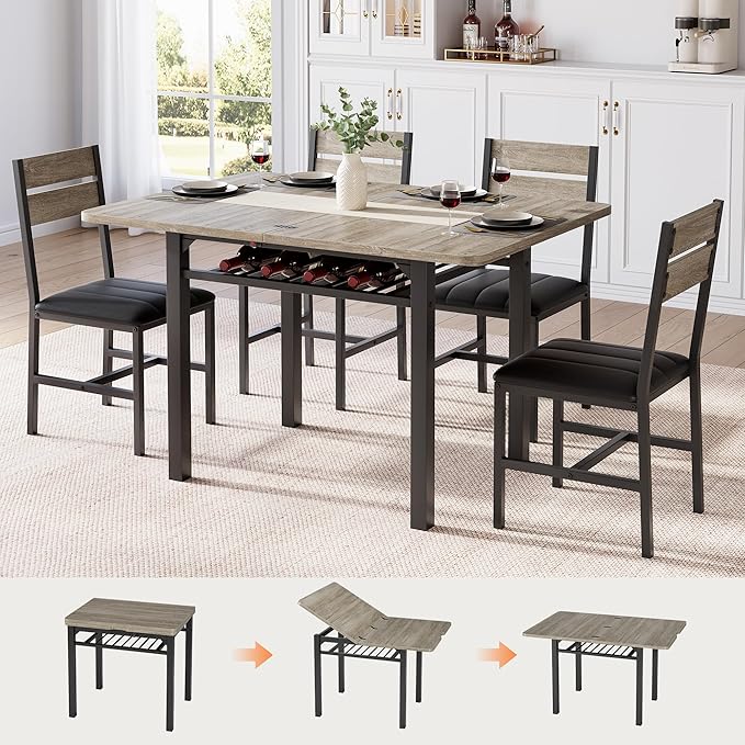 MapleGrace Dining Table Set for 4, Extendable Kitchen Table with 4 PU Leather Upholstered Dining Room Chairs, Wood Kitchen Table Set with Built-in Storage Rack for Dining & Small Spaces, Grey