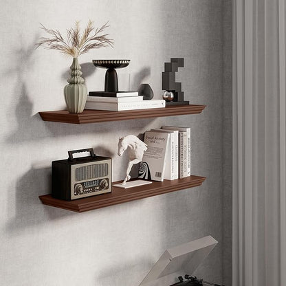 Fun Memories Floating Shelves 32 Inch Long, 9.3 Inch Deep Classic Crown Molding Floating Shelves for Wall, Rustic Wooden Shelves for Wall Decor Bathroom, Kitchen, Office, (Walnut, 2Pack)