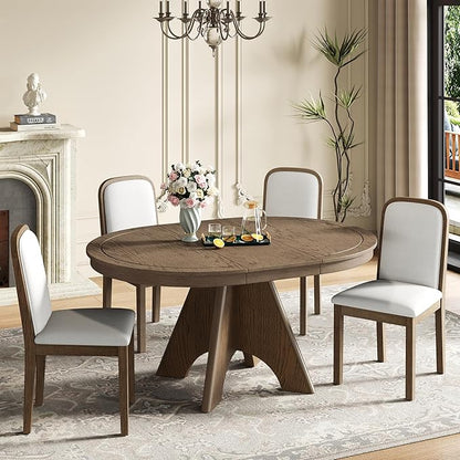 Merax Vintage Extendable Dining Table Set for 4-6 People, Rustic Farmhouse Kitchen Table with 4 Upholstered Chairs, 42 to 58 Inch Drop-Leaf Table with Distressed Finish, Espresso