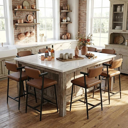 GarveeHome Counter Height Bar Stools Set of 8 with Armrests, 26" Upholstered 8pcs Tall Bar Stools Set, Long Backrest & Extra Thick Cushion, Modern High Barstools for Kitchen Island, Pub, Coffee Brown