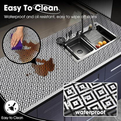 Drawer and Shelf Liner, Non-Slip Kitchen Cabinet Liners Non-Adhesive Thick Strong Grip Waterproof Washable Mats Protect Dresser Shelves Cupboard Bathroom Cabinets, Black & White, 18 in X 30 FT