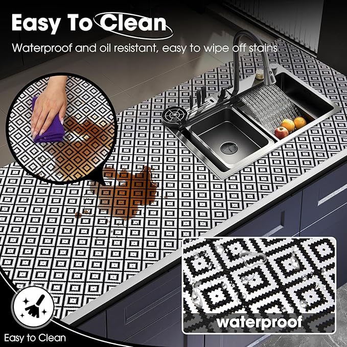 Drawer and Shelf Liner, Non-Slip Kitchen Cabinet Liners Non-Adhesive Thick Strong Grip Waterproof Washable Mats Protect Dresser Shelves Cupboard Bathroom Cabinets, Black & White, 24 in X 10 FT