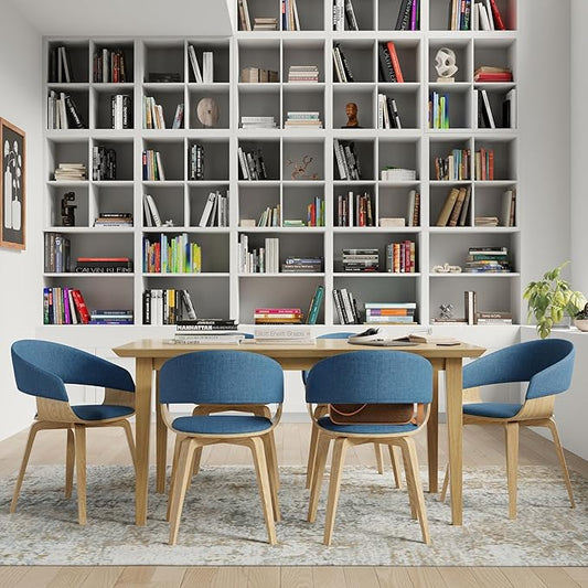 SIMPLIHOME Lowell Dining Chairs - Upholstered Light Natural Oak Bentwood Frame and Linen-Style Fabric Kitchen Chair in Blue, Modern Dining Room Seating with Curved Back and Padded Seat